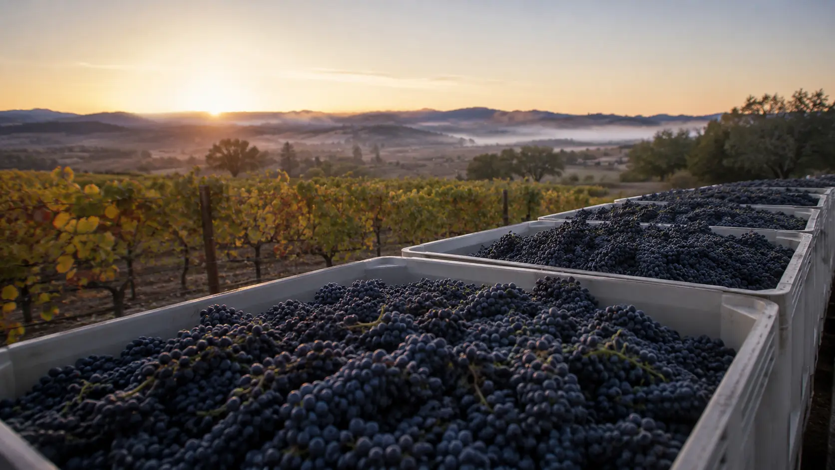 Steel harvest bins filled with dark grapes in low evening light